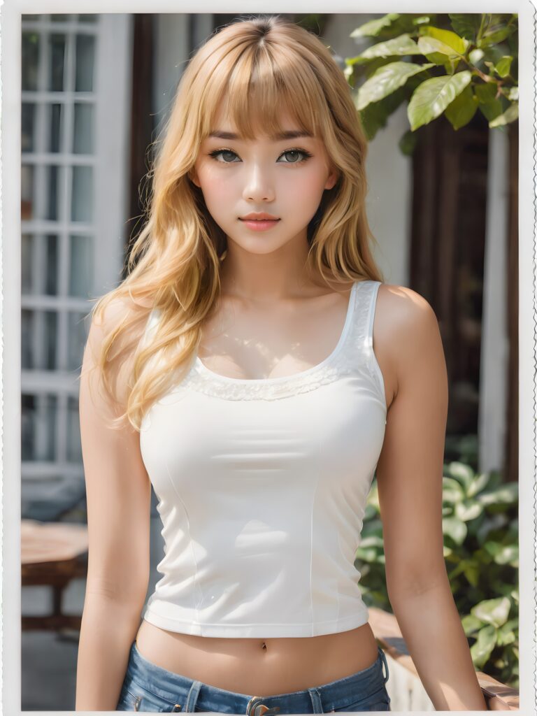 realistic, extreme highly detailed, HD portrait, ((upper body)), ((gorgeous)) ((attractive)) ((stunning)) ((young)) detailed face, perfect curved body, a cute teen girl, long blonde straight hair, Korean styled bangs, wear only a white short tight tank top, looks at the camera, portrait shot