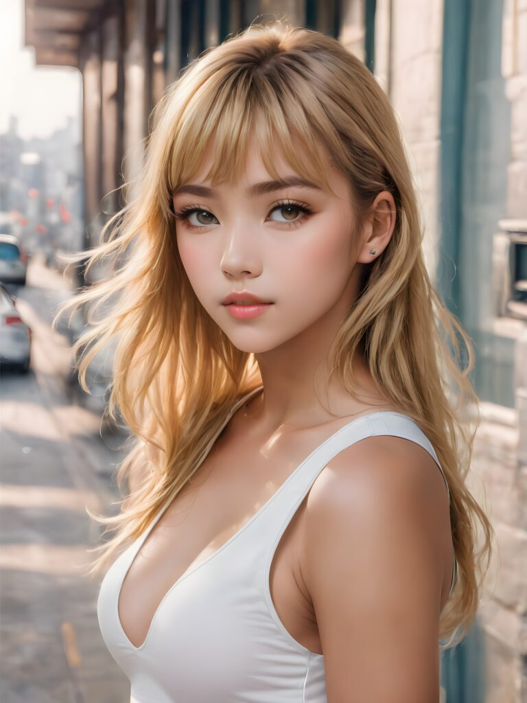realistic, extreme highly detailed, HD portrait, ((upper body)), ((gorgeous)) ((attractive)) ((stunning)) ((young)) detailed face, perfect curved body, a cute teen girl, long blonde straight hair, Korean styled bangs, wear only a white short tight tank top, looks at the camera, portrait shot
