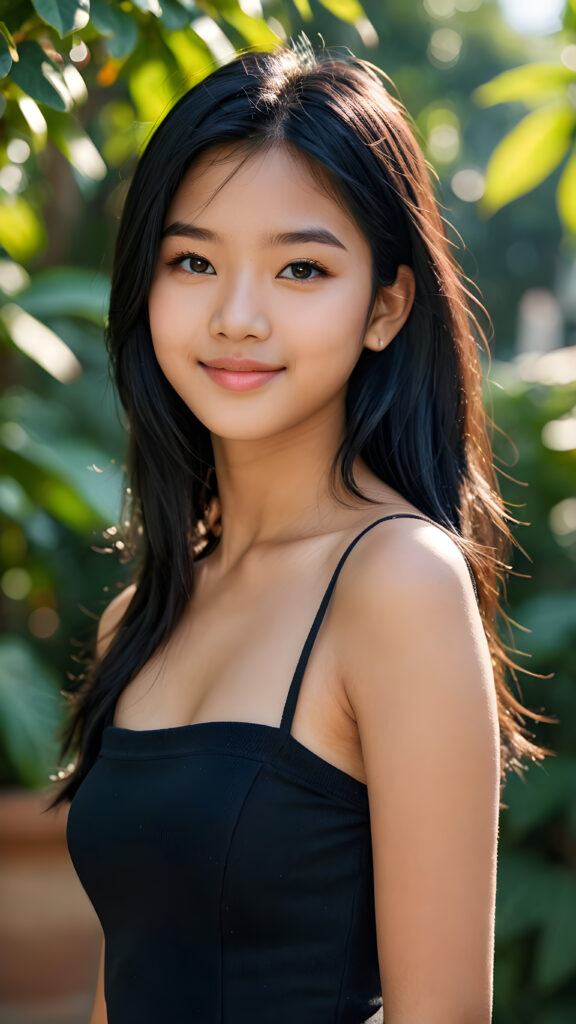 an Asia teen girl, 14 years old, ((realistic detailed, shiny, straight black hair)), realistic face, perfect curved body, lightly dressed, beautiful saturation, ultra high resolution, deep shadow, (best quality, masterpiece), highly detailed, looking at viewer, warm smile, 4k, ((portrait shot)) (((gorgeous))) ((attractive)) ((stunning))