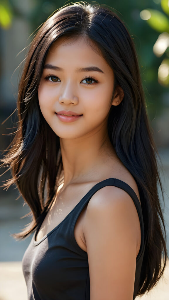 an Asia teen girl, 14 years old, ((realistic detailed, shiny, straight black hair)), realistic face, perfect curved body, lightly dressed, beautiful saturation, ultra high resolution, deep shadow, (best quality, masterpiece), highly detailed, looking at viewer, warm smile, 4k, ((portrait shot)) (((gorgeous))) ((attractive)) ((stunning))