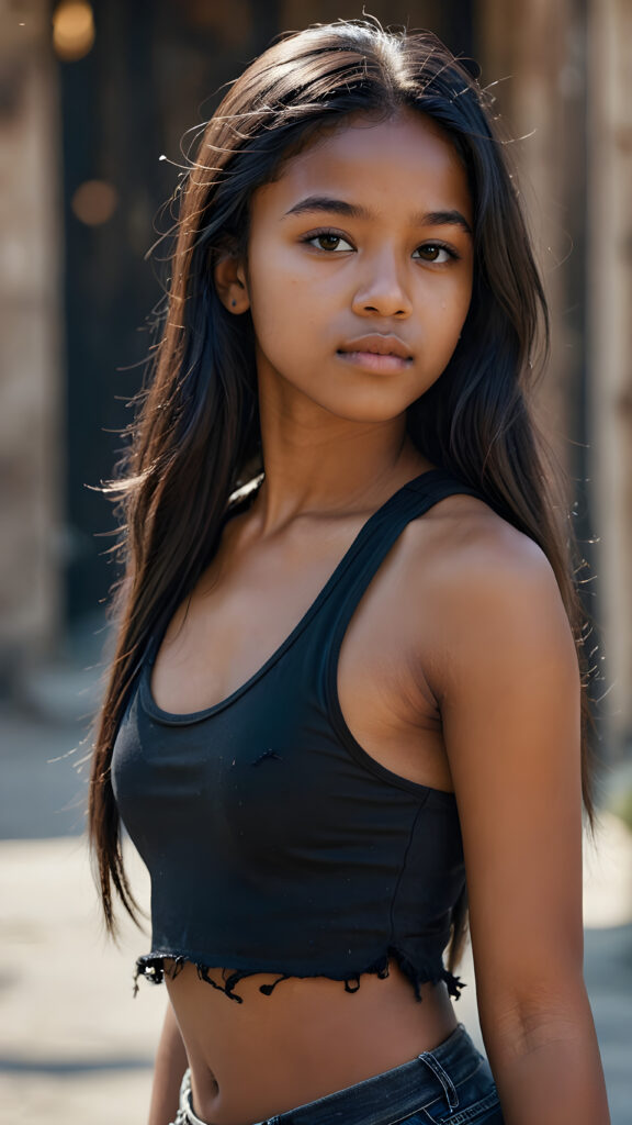an Exotic dark-skinned teen girl, long straight hair, 14 years old, ((round face)), looks seductively, ((tattered crop black tank top)), perfect curved body, (stunning) (gorgeous) ((detailed)) ((side view))