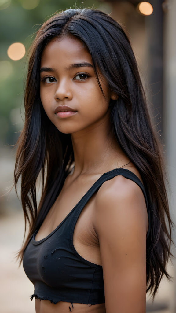 an Exotic dark-skinned teen girl, long straight hair, 14 years old, ((round face)), looks seductively, ((tattered crop black tank top)), perfect curved body, (stunning) (gorgeous) ((detailed)) ((side view))