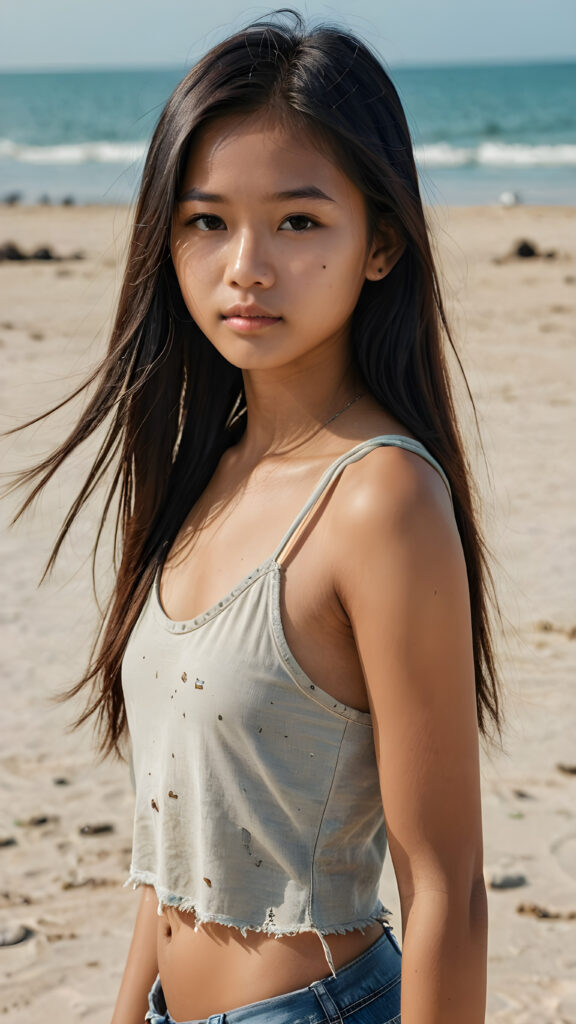an Indonesian teen girl, long straight hair, 14 years old, ((round face)), looks seductively, ((tattered crop tank top)), perfect body, (stunning) (gorgeous) (on a sandy beach) ((detailed))