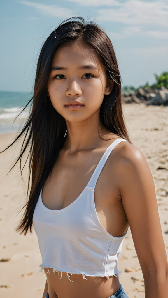 an Indonesian teen girl, long straight hair, 14 years old, ((round face)), looks seductively, ((tattered crop tank top)), perfect body, (stunning) (gorgeous) (on a sandy beach) ((detailed))