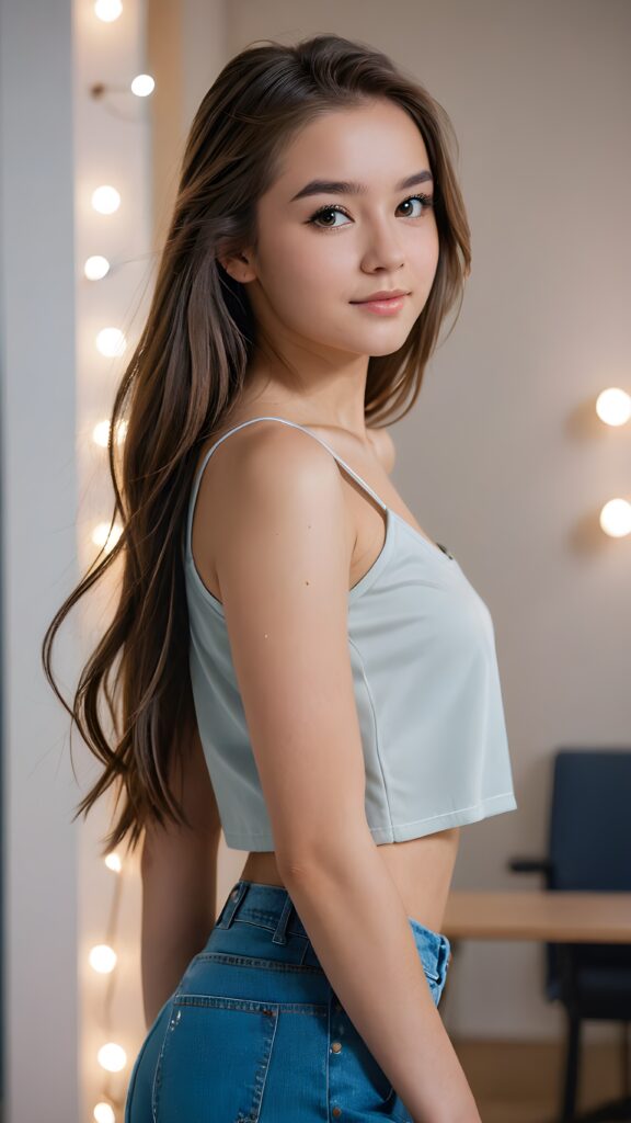 an attractive (((teen girlie))) dressed in a sleek, (((short-cropped top))), with flowing, long tresses cascading down her back, captured in a (((vividly realistic photo))). Her features are softly highlighted by the dimly lit room
