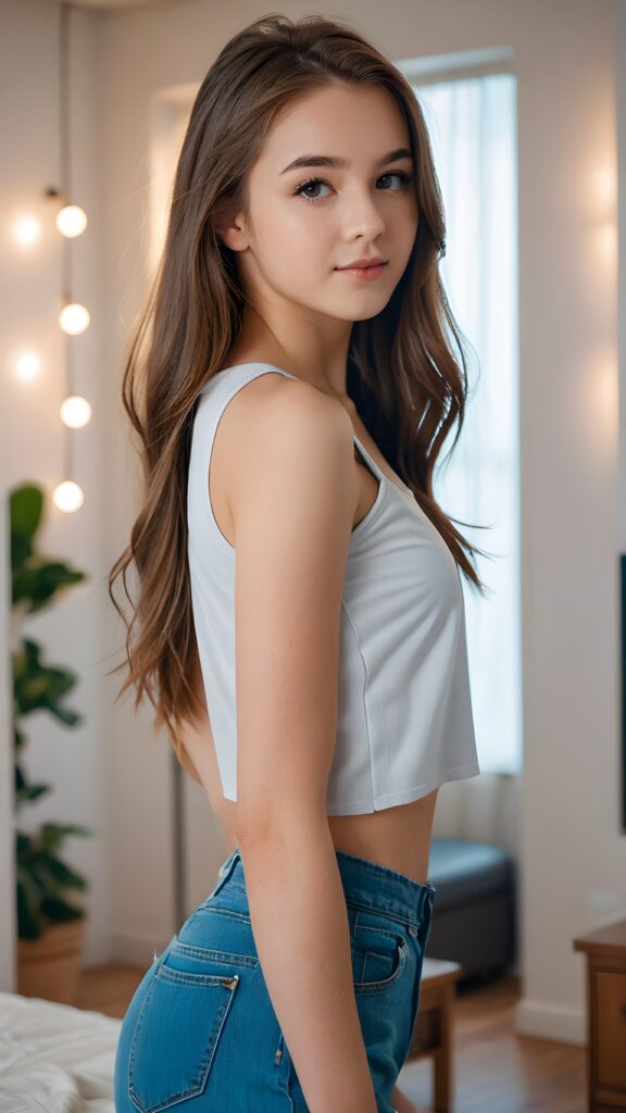 an attractive (((teen girlie))) dressed in a sleek, (((short-cropped top))), with flowing, long tresses cascading down her back, captured in a (((vividly realistic photo))). Her features are softly highlighted by the dimly lit room