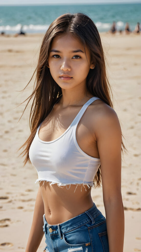 an Exotic teen girl, long straight hair, 14 years old, ((round face)), looks seductively, ((tattered crop tank top)), perfect body, (stunning) (gorgeous) (on a sandy beach) ((detailed))
