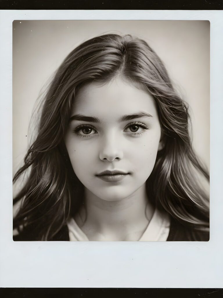 an elegant (((vintage black and white close-up polaroid photograph))), featuring a beautifully drawn (((portrait))), capturing the unmistakable essence of a youthful teen girl with impeccably proportioned features and straight soft hair, with wisps framing her face, pose confidently before the viewer, against a gently weathered (white backdrop)