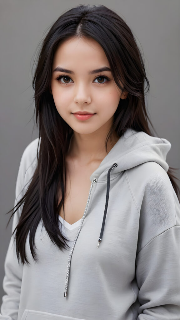 an emo girl, full detailed and realistic portrait, ((round, angelic face)), flawless, young and smooth skin, full lips, her deep brown eyes sparkle, ((obsidian long, straight soft shiny hair)), white hoodie, a warm smile enchants the viewer, perfect curved body, ((gorgeous)) ((stunning)) ((grey background)) ((cute))