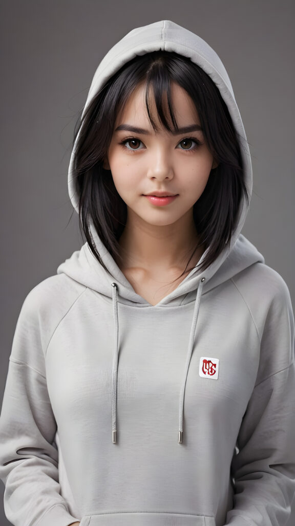 an emo girl, full detailed and realistic portrait, ((round, angelic face)), flawless, young and smooth skin, full lips, her deep brown eyes sparkle, ((obsidian long, straight soft shiny hair)), white hoodie, a warm smile enchants the viewer, perfect curved body, ((gorgeous)) ((stunning)) ((grey background)) ((cute))