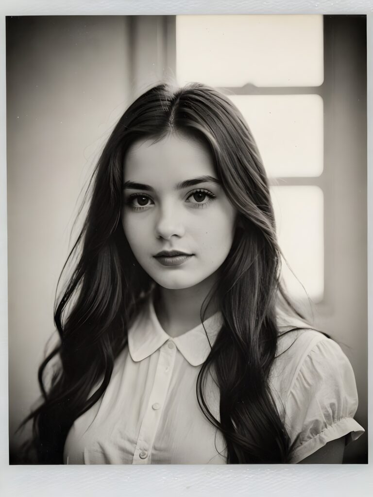 an exquisite (((vintage black and white close-up polaroid photograph))), featuring a (((stunningly realistic portrait))), capturing the essence of a serene young girl with impeccably proportioned features and long, straight soft hair, set against a sophisticated backdrop of a crisp, white canvas, side view