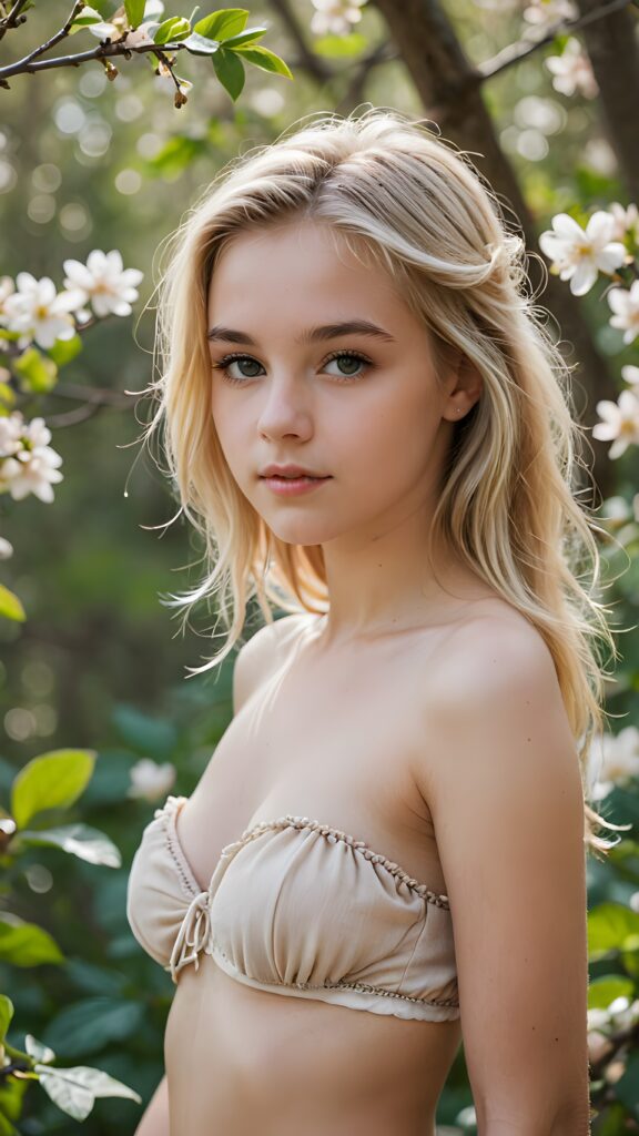 an exquisite and unapologetically powerful (((teenage girl))), dressed in a delicate yet seductive ((short loincloth)), soft long blond hair, posed elegantly in a natural spring, with a soft color palette that highlights her unmistakable allure