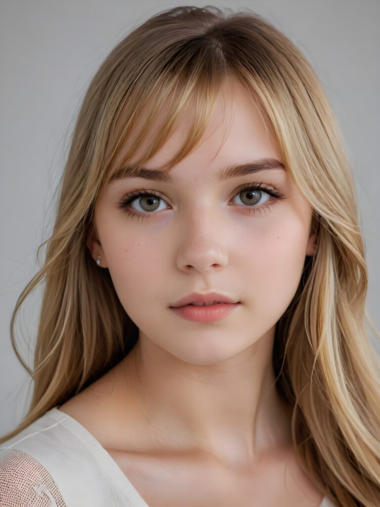 an exquisite and realistic (((close-up photograph))), featuring a (((stunningly realistic portrait))), capturing the essence of a serene young teen girl with impeccably proportioned features and long, straight soft blond hair, bangs cut, set against a sophisticated backdrop of a crisp, white canvas