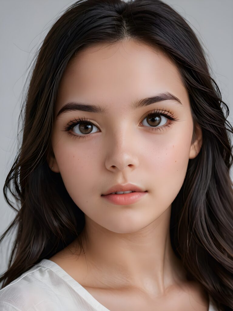 an exquisite and realistic (((close-up photograph))), featuring a (((stunningly realistic portrait))), capturing the essence of a serene young teen girl with impeccably proportioned features and long, straight soft black hair, set against a sophisticated backdrop of a crisp, white canvas, side view