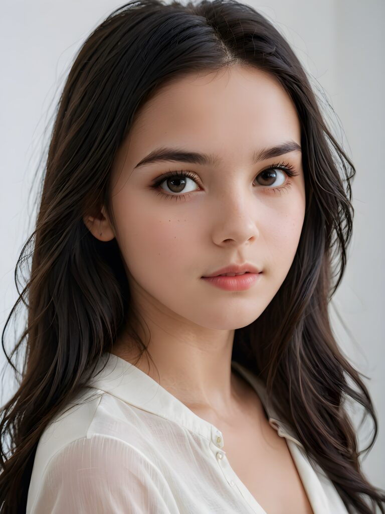 an exquisite and realistic (((close-up photograph))), featuring a (((stunningly realistic portrait))), capturing the essence of a serene young teen girl with impeccably proportioned features and long, straight soft black hair, set against a sophisticated backdrop of a crisp, white canvas, side view