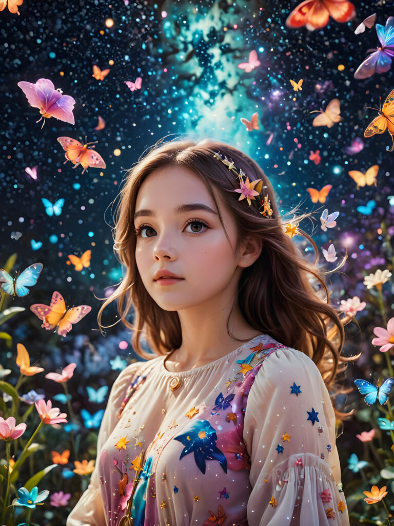 an imaginative illustration of the ((inner soul)) of a teenage girl with a colorful dream world unfolding around her, filled with whimsical creatures and starry constellations