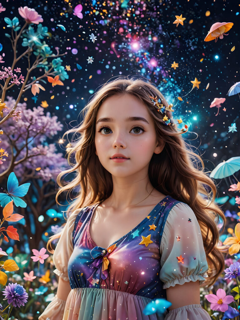 an imaginative illustration of the ((inner soul)) of a teenage girl with a colorful dream world unfolding around her, filled with whimsical creatures and starry constellations