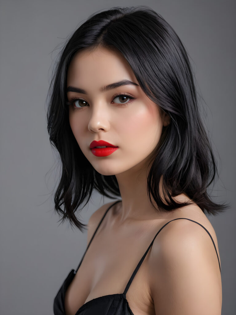 an innocent, young cute girlie, looks seductive, black straight hair, red lips, upper-body, perfect curved, ((very detailed, perfect shadows)) ((grey empty background))