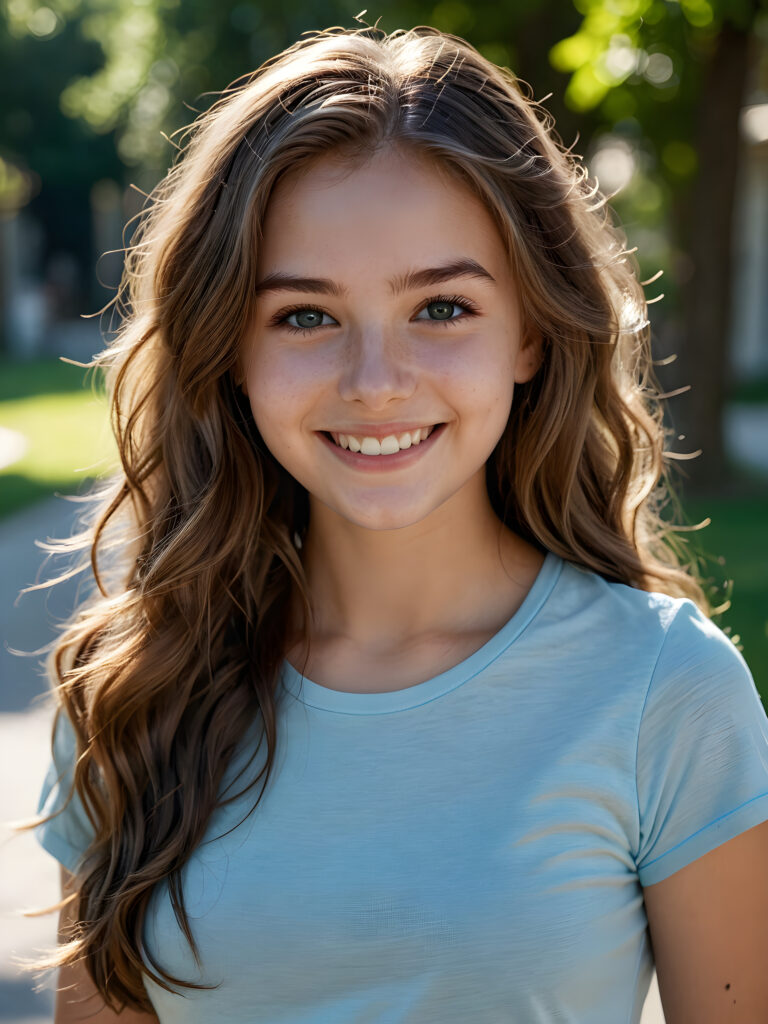 an innocent, young teen girl, long weavy hair, beautiful as a picture, smiles into the camera, she is wearing a light blue tight t-shirt, upper-body, perfect curved, ((very detailed, perfect shadows))