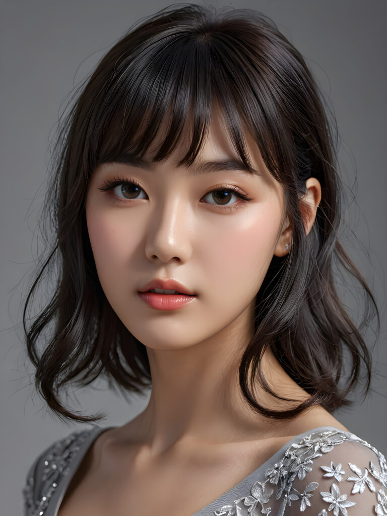 an innocent, young cute girlie, looks seductive, Korea Style Bangs, perfect curved, thin dressed, ((very detailed, perfect shadows)) ((grey empty background))