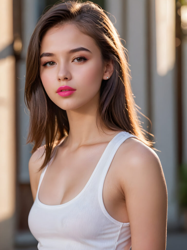 an innocent, young cute teen girlie, straight hair, looks seductive, she is wearing a ((white tank top)), upper-body, perfect curved, ((very detailed, perfect shadows)), ((pink lipstick)) ((side view))