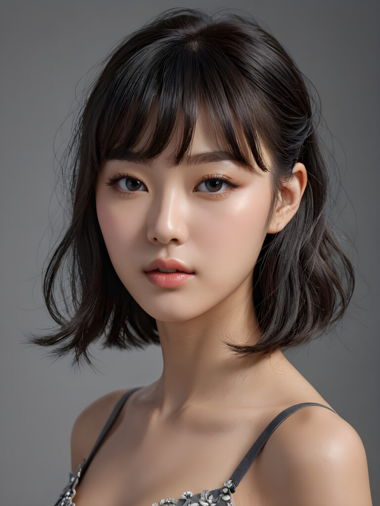 an innocent, young cute girlie, looks seductive, Korea Style Bangs, perfect curved, thin dressed, ((very detailed, perfect shadows)) ((grey empty background))