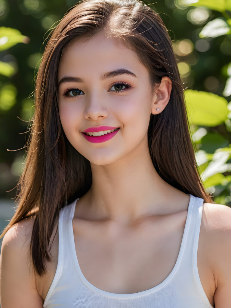 an innocent, young teen girlie, straight hair, beautiful as a picture, smiles into the camera, she is wearing a ((white tank top)), upper-body, perfect curved, ((very detailed, perfect shadows)), ((black makeup, pink lipstick))