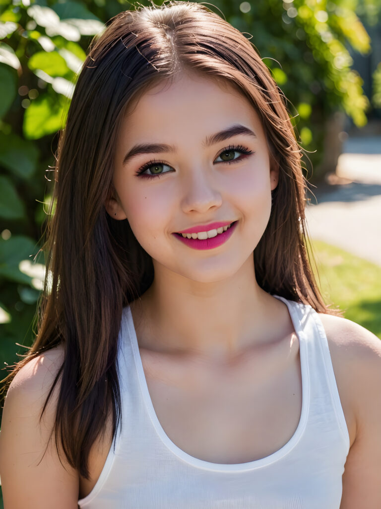 an innocent, young teen girlie, straight hair, beautiful as a picture, smiles into the camera, she is wearing a ((white tank top)), upper-body, perfect curved, ((very detailed, perfect shadows)), ((black makeup, pink lipstick))