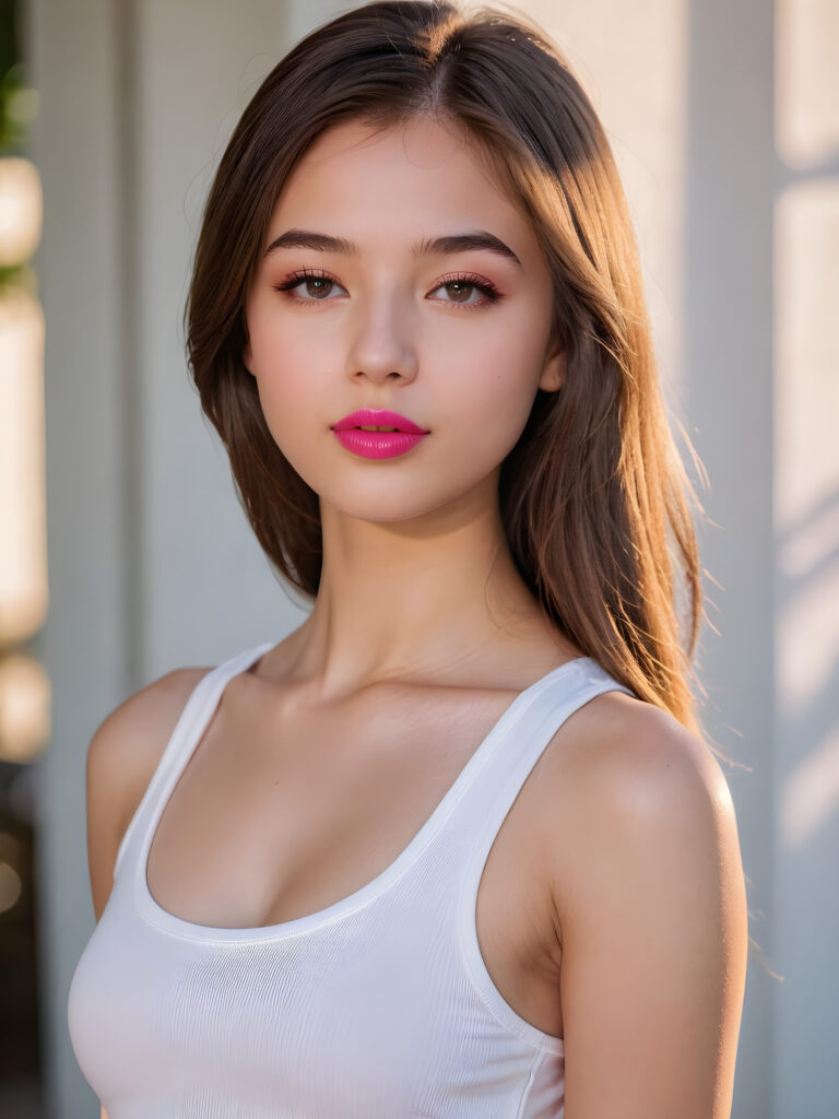 an innocent, young cute teen girlie, straight hair, looks seductive, she is wearing a ((white tank top)), upper-body, perfect curved, ((very detailed, perfect shadows)), ((pink lipstick)) ((side view))