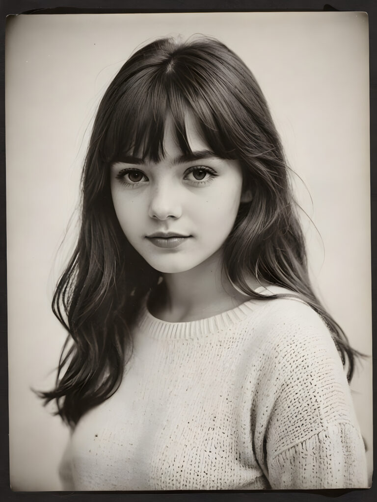 an old ((black and white close-up polaroid photo)), a breathtakingly realistic (((portrait))), capturing the essence of a youthful teen girl with a flawlessly proportioned upper body, long, straight soft hair, bangs cut, aged 15, wears a thin wool sweater, posed confidently before the viewer, ((a white canvas as a background)), ((side view))