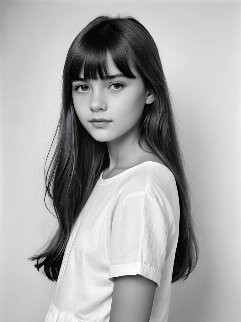 an old black and white photo, a breathtakingly realistic (((portrait))), capturing the essence of a youthful teen girl with a flawlessly proportioned upper body, long, straight hair, bangs cut, aged 11, posed confidently before the viewer, ((a white canvas as a background)), ((side view))