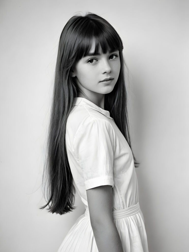 an old black and white photo, a breathtakingly realistic (((portrait))), capturing the essence of a youthful teen girl with a flawlessly proportioned upper body, long, straight hair, bangs cut, aged 11, posed confidently before the viewer, ((a white canvas as a background)), ((side view))