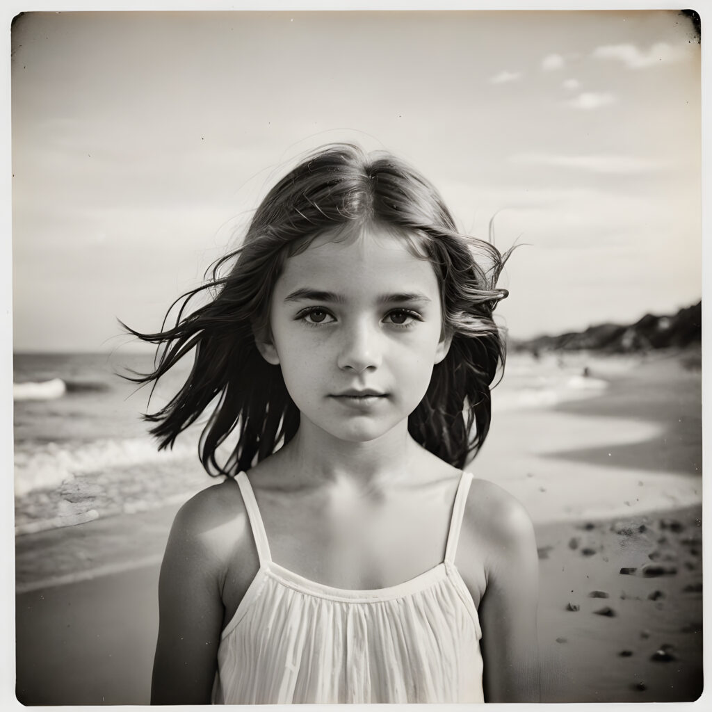 an old black and white photo, a breathtakingly realistic ((portrait)), a cute stunning young girl on beach