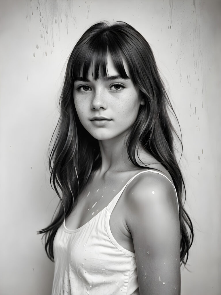 an old black and white photo with water stains, a breathtakingly realistic (((portrait))), capturing the essence of a youthful teen girl with a flawlessly proportioned upper body, long, bangs cut, aged 13, posed confidently before the viewer, ((a white canvas as a background)), ((side view))