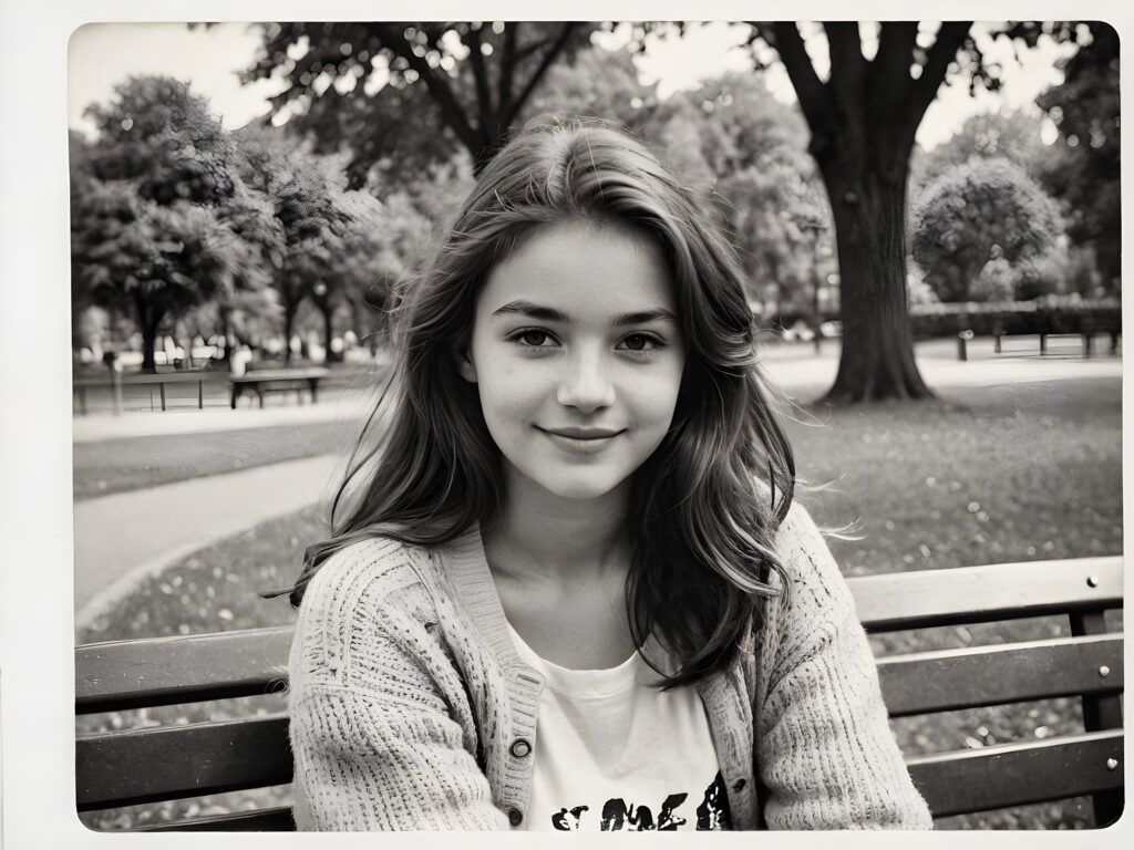 an old black and white photo, realistic ((detailed portrait)), a young and beautiful girl sitting on a bench in a park, she ist 17 years old, very happy