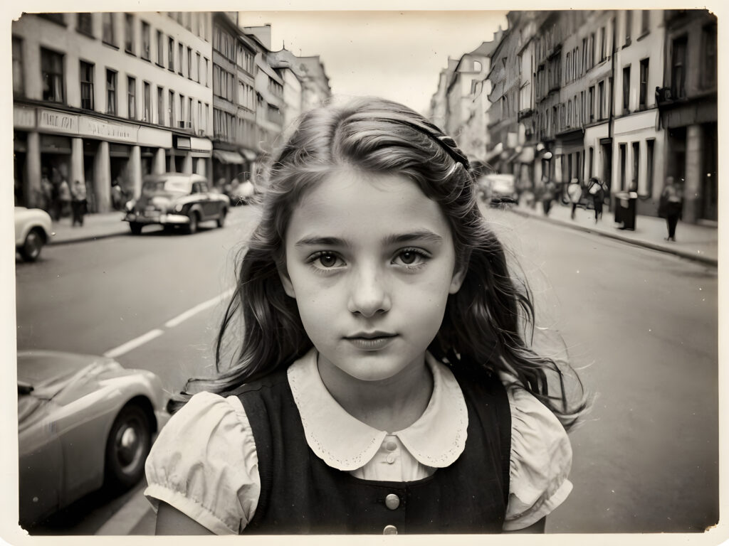 an old black and white photo, realistic ((detailed portrait)), a cute stunning young girl in a city, 13 years old, in 1940s