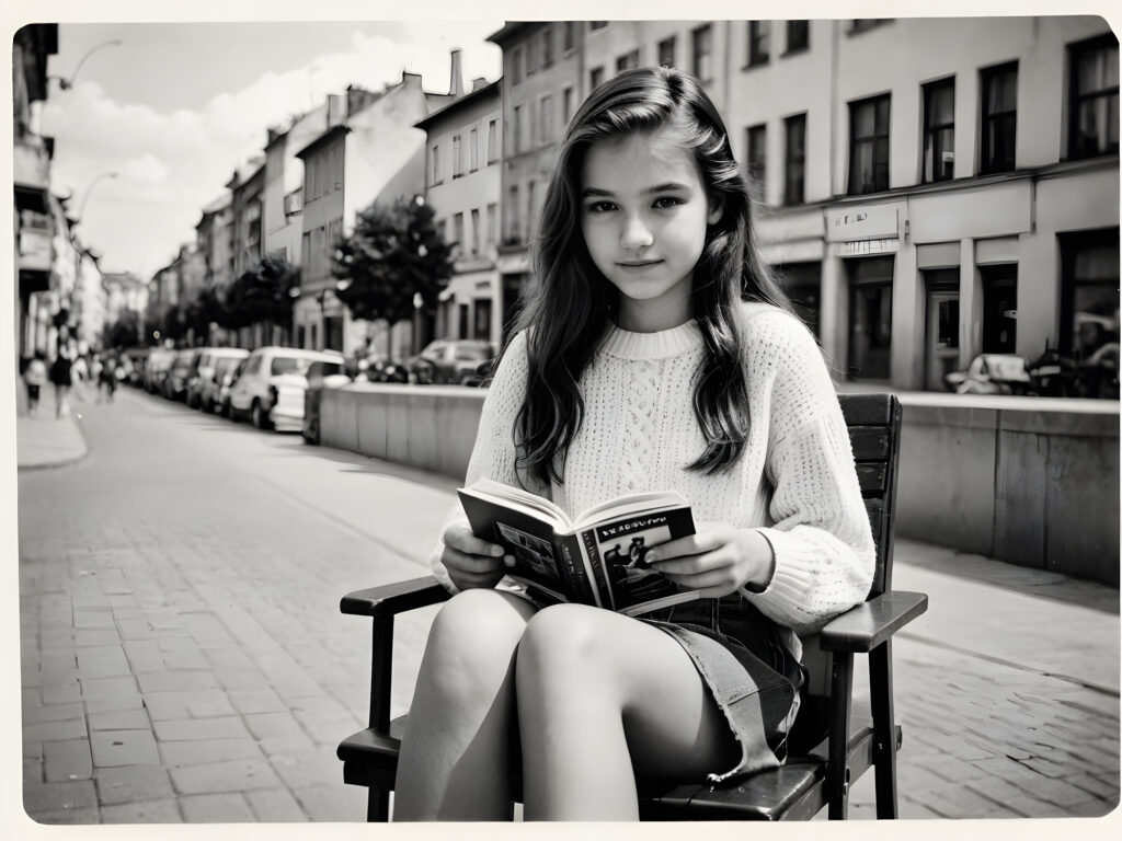 an old black and white photo, realistic ((detailed portrait)), a cute stunning young girl in a city, 15 years old, sitting on a chair and read a book