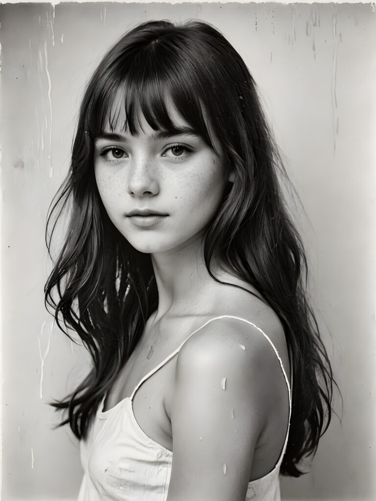 an old black and white photo with water stains, a breathtakingly realistic (((portrait))), capturing the essence of a youthful teen girl with a flawlessly proportioned upper body, long, bangs cut, aged 13, posed confidently before the viewer, ((a white canvas as a background)), ((side view))