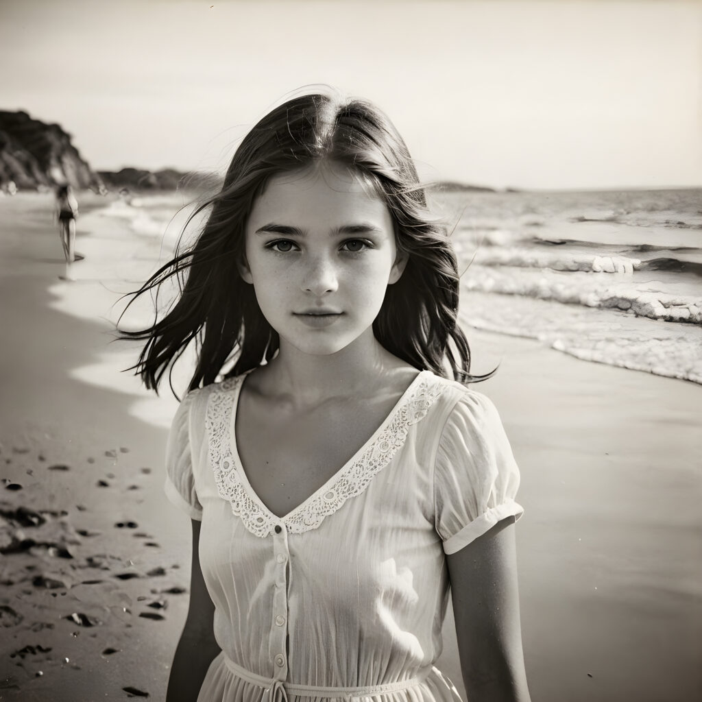 an old black and white photo, a breathtakingly realistic ((portrait)), a cute stunning young girl on beach
