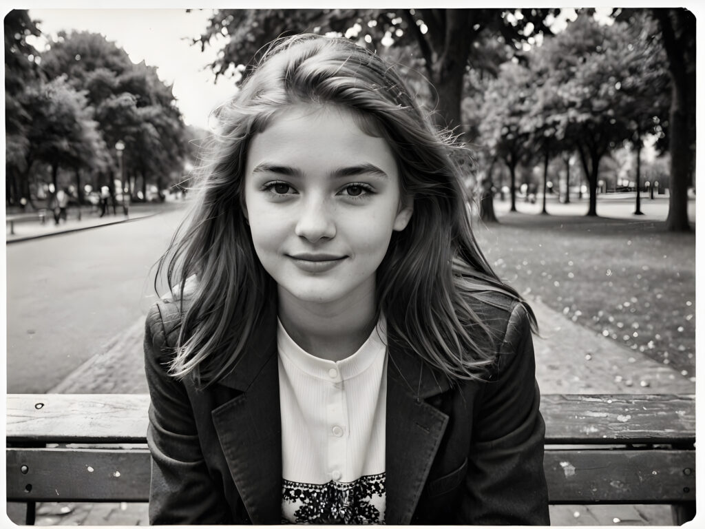 an old black and white photo, realistic ((detailed portrait)), a young and beautiful girl sitting on a bench in a park, she ist 17 years old, very happy