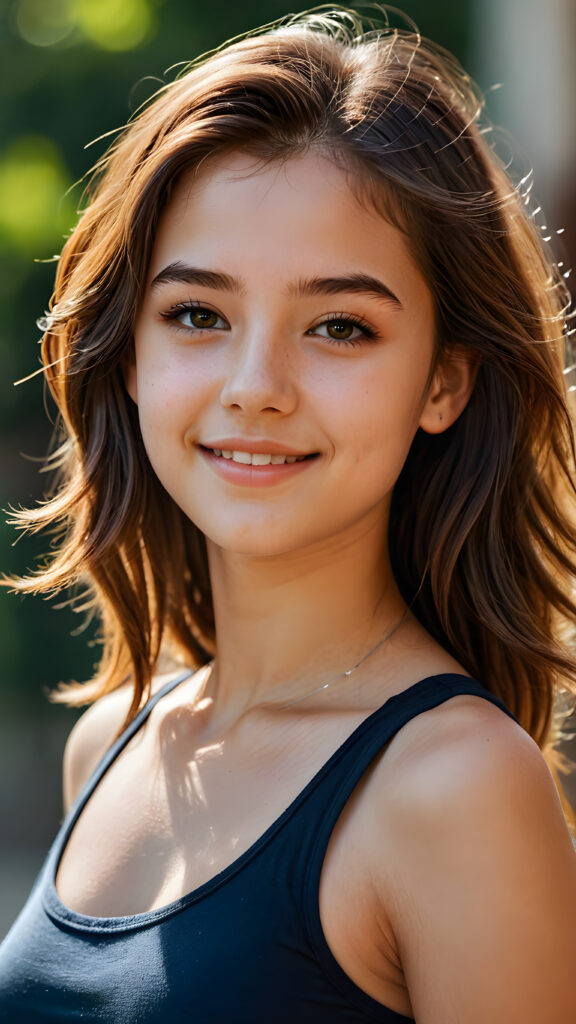 a teen girl, 14 years old, ((realistic detailed hair)), realistic face, short crop tank top, beautiful saturation, ultra high resolution, deep shadow, (best quality, masterpiece), highly detailed, looking at viewer, warm smile, 4k, ((upper body)) (((gorgeous))) ((attractive)) ((stunning)) ((side view)) ((perfect curved body))