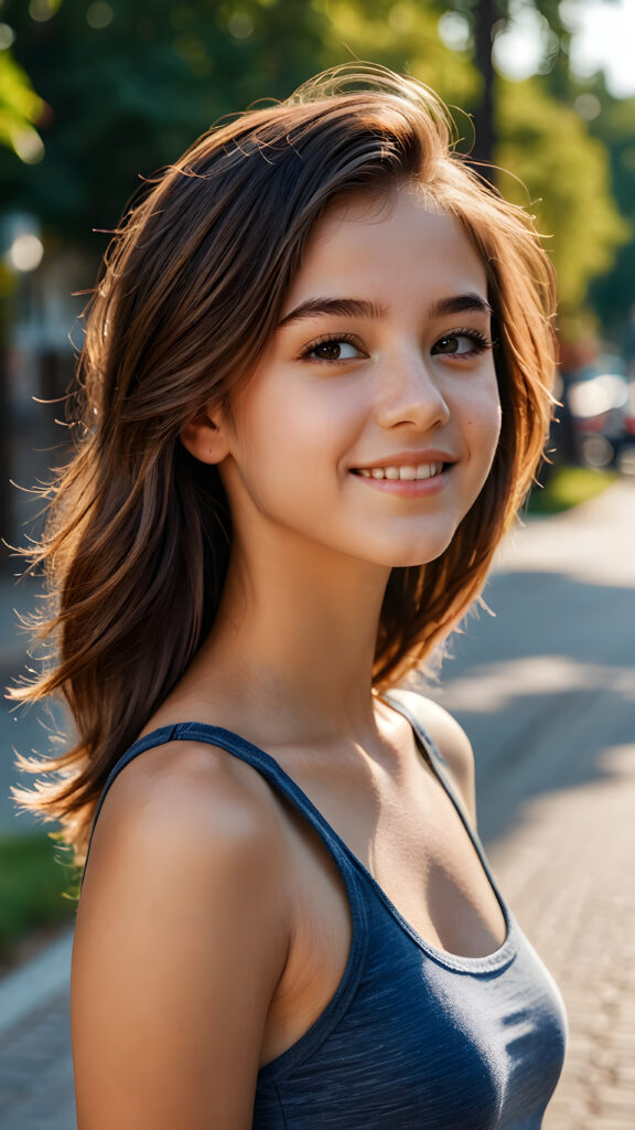 a teen girl, 14 years old, ((realistic detailed hair)), realistic face, short crop tank top, beautiful saturation, ultra high resolution, deep shadow, (best quality, masterpiece), highly detailed, looking at viewer, warm smile, 4k, ((upper body)) (((gorgeous))) ((attractive)) ((stunning)) ((side view)) ((perfect curved body))