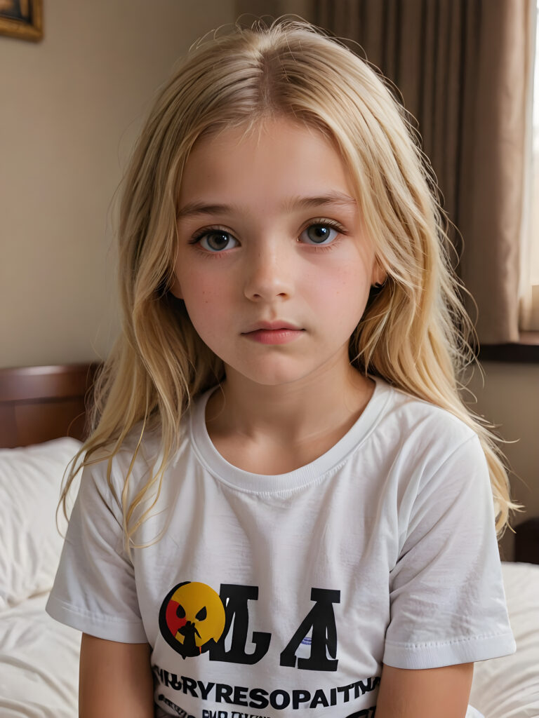 an ultra definition and ultra high quality (((professional photograph))), capturing an incredibly detailed and realistically heartbreaking extreme sadness with a 10-year-old girl, where her untucked, luxuriously long, straight, thick, and naturally white golden blonde hair falls elegantly down, ((white short thin t-shirt))