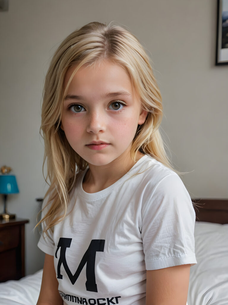 an ultra definition and ultra high quality (((professional photograph))), capturing an incredibly detailed and realistically heartbreaking extreme sadness with a 10-year-old girl, where her untucked, luxuriously long, straight, thick, and naturally white golden blonde hair falls elegantly down, ((white short thin t-shirt))