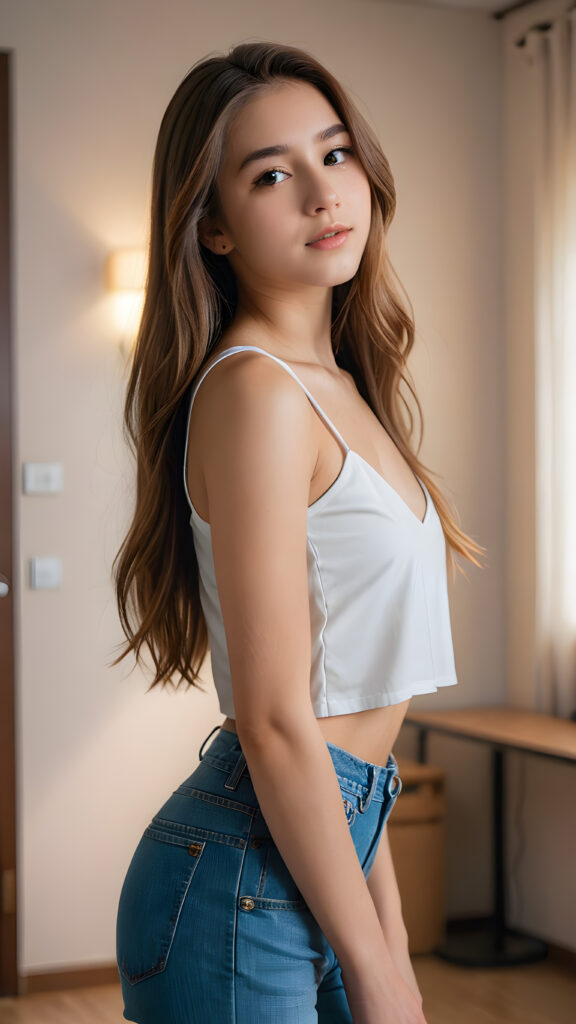 an attractive (((teen girlie))) dressed in a sleek, (((short-cropped tube top))), with flowing, long tresses cascading down her back, captured in a (((vividly realistic photo))). Her features are softly highlighted by the dimly lit room