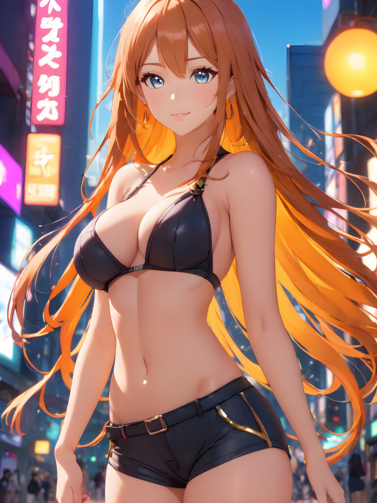 a teen girl, perfect curved body, ultra realistic face, realistic amber eyes, ((detailed (straight hair))), bikini, round super short pants, photo with beautiful saturation, ultra high resolution, deep shadow, (best quality, masterpiece), highly detailed, looking at viewer, warm smile, (upper body), masterpiece, ((full body view)) ((cute)) ((elegant)) ((attractive)) ((female model)) ((stunning))