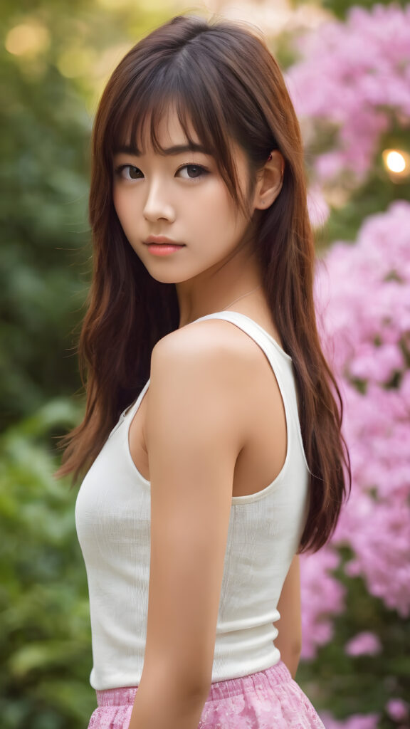 super realistic, perfect curved body, detailed face, cute 17 years old Japanese girl, wear super short tight tank top, round short mini skirt, perfect pose, perfect detailed eyes, long straight hair