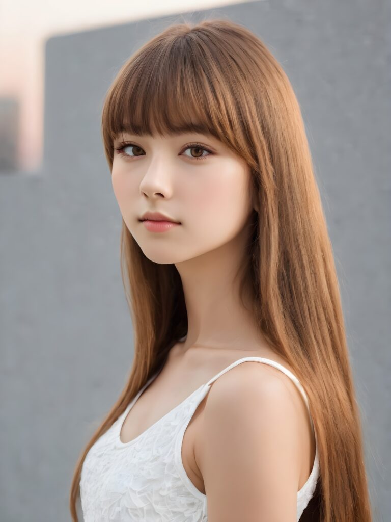 ((portrait)) of (((cute))) (((elegant))) ((attractive)) (((long, straight hazelnut hair))) ((stunning)) a beautifully realistic, cinematic lights, Japanese teen girl, 15 years old, bangs cut, realistic detailed angelic round face, ((realistic detailed hazelnut eye)) looks sadly at the camera, portrait shot, perfect curved body, (wears a super short tight (crop top) made on thin silk), perfect anatomy, side perspective
