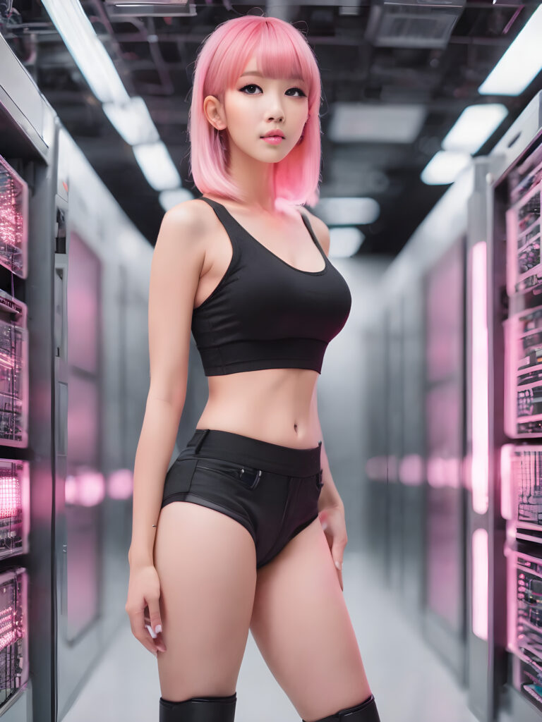 ((full body)) ((cute)) (((gorgeous)) ((stunning)) a young babe with pink strait hair, bangs cut, dressed with (super short (black crop top)) and ((short black pants)), posing in a futuristic data center
