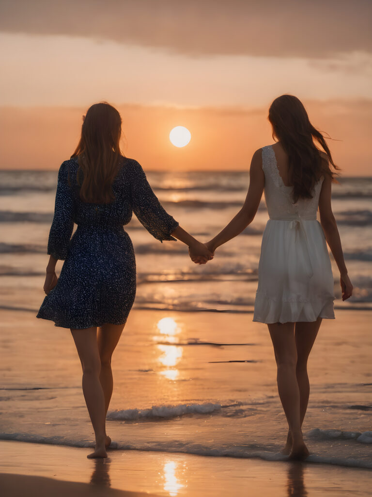 2 girls holding hands walking on the beach at sunset